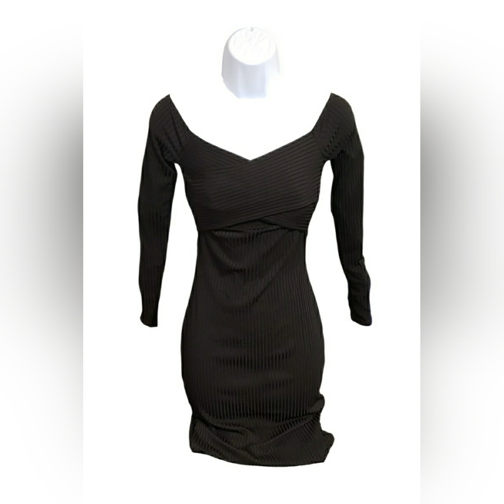 Windsor Black Ribbed Off-Shoulder Long Sleeve Dress